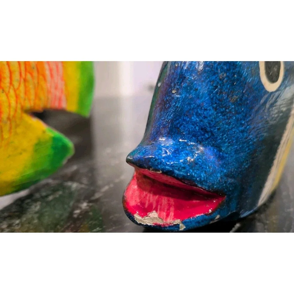 VTG Dominican Republic Hand Carved Wood Fish Figurines Set 2 Tropical Blue 10